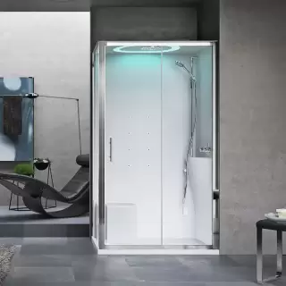 Novellini Eon Душевая кабина 120х80х221см, Dx, термостатический смеситель, гидромассаж, верхний душ, LED подсветка, стекло, цвет: хром/белый глянец
