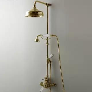 Devon&Devon Душевая стойка, с термостатическим смесителем, верхним душем 20см., и ручным душем, цвет: белый/светлое золото