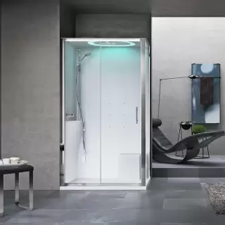 Novellini Eon Душевая кабина 120х80х221см, Sx, термостатический смеситель, гидромассаж, верхний душ, LED подсветка, стекло, цвет: хром/белый глянец