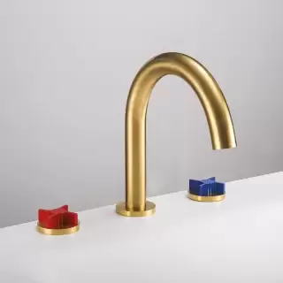 Gattoni GAS Смеситель для раковины на 3 отв., в комплекте с донным клапаном, цвет: Satin gold/красный/синий