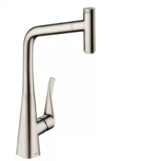 Hansgrohe Metris Select M71 Смеситель для кухни, на 1 отв, поворотный излив: 23.5см с вытяжным душем, 1jet, h: 33.3см, sBox, кнопка вкл/выкл, цвет: нержавейка