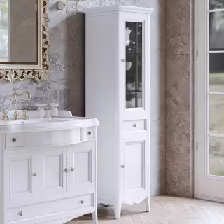 TW Veronica Nuovo Колонна напольная с 2-мя дверцами, 1-м выдвижным ящиком, 3-мя стеклянными полками, доводчиками Blum, ручки бронза, DX - петли справа, Цвет: bianco decape