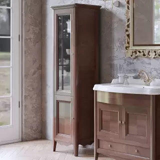 TW Veronica Nuovo колонна напольная с 2-мя дверцами, 3-мя стеклянными полками, доводчиками Blum, ручки бронза, SX - петли слева, Цвет: noce