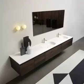 Antonio Lupi Atelier Комплект подвесной мебели с тумбами под раковину, 2 раковинами NUVOLA, зеркальным шкафом MANTRA, пеналом ATELIER, светильником BOLLA1, 90 см, цвет: Rovere thermo