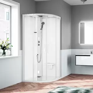 Novellini Glax Душевая кабина 90х90х224см., Standart с крышей , смеситель термостатический, Hammam и сиденье, цвет: белый матовый/стекла прозрачные