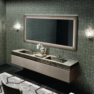 VITAGE milldue edition FOUR SEASONS Комплект мебели с базой, интегрированными раковинами PLANS, зеркалом LOSANNA, 216см, подвесной, цвет: мрамор bronzo amani-B58 экокожа visione-223 черный хром