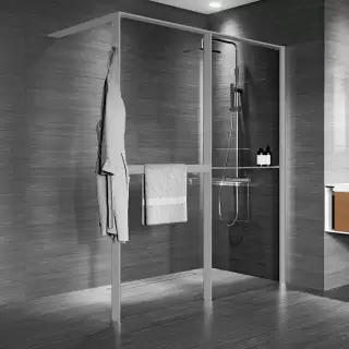 Novellini Kuadra HWZ2 Душевое ограждение 174-177х200cм., с свободным входом, Dx, с полотенцедержателем и полкой, стекло прозрачое, цвет: Silver