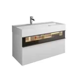 Burgbad Yumo Тумба с раковиной, 101.5х47х48см., с 1 отв., 2 выдв ящика, аллюм рамка,вставка из дымч стекла, светодиодн. подсв., подвесная, цвет: белый глянец