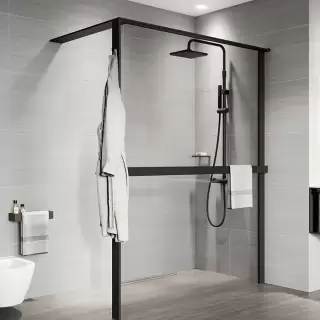 Novellini Kuadra HWS Душевое ограждение 137-140х200cм., с свободным входом, Dx, с полотенцедержателем, стекло прозрачное, цвет: черный матовый