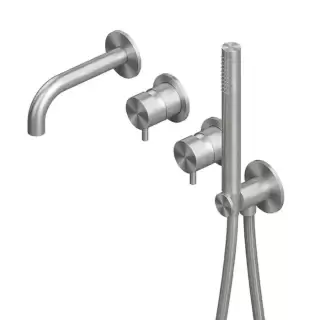 QuadroDesign Source Смеситель для ванны, встраиваемый,  на 2 потребителя с изливом и ручным душем, цвет: brushed stainless steel