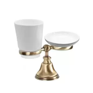 TW Harmony 141, настольный держатель с мыльницей и стаканом, керамика (бел), цвет: бронза