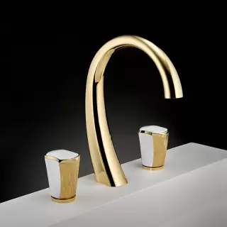 THG Infini white porcelain with gold decor Смеситель для раковины на 3 отверстия, с донным клапаном, цвет: полированное золото