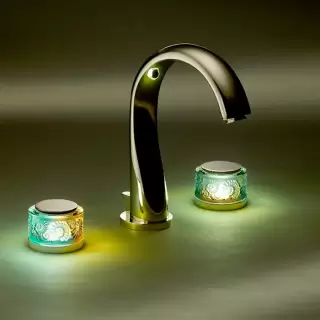 THG Island Смеситель для раковины на 3 отверстия, ручки с подсветкой, с донным клапаном, цвет: Soft gold