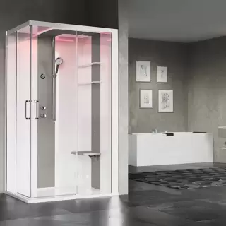 Novellini Skill A Душевая кабина 120х90х217.5cмм., Dx, Essential, поддон 12.5см., с термостатическим смесителем, стекло, цвет: белый глянц/Light grey