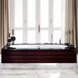 VITAGE milldue edition Ванна отдельностоящая 200х100см, стальная, с сифоном, топ стекло nero, цвет: белый / глянцевый шпон Ebano