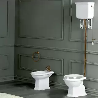 SIMAS Lante Унитаз напольный, выпуск в стену, 38,5х58см, с высоким бачком, с фурнитурой, цвет: белый/бронза