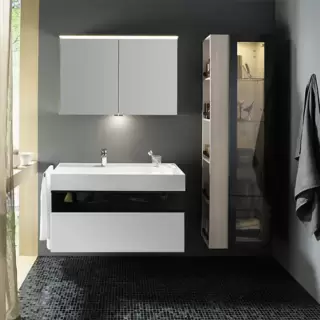 Burgbad Yumo База 101.5х64х47см.с умыв из мин литья с 1 отв под смес,2 выдв ящика с ручкой  Мокка G0179.верхн ящик из дымч стекла, подвесная, цвет: белый глянц.