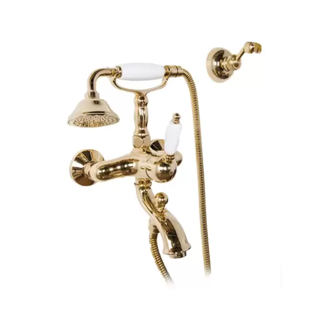 Gattoni Orta Смеситель для ванны с душем, с белой ручкой, цвет: золото 24кт