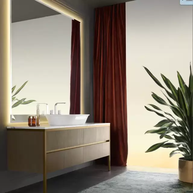 VITAGE milldue edition ALGONQUIN Комплект мебели с базой, раковиной NEW YORK, мраморной столешницей, зеркалом BROOKLYN с подсветкой, 166см, матовый шпон/аллюминий, напольная, Цвет: rovere miele-7676/ottone spazzolato-339/arabescato-B15