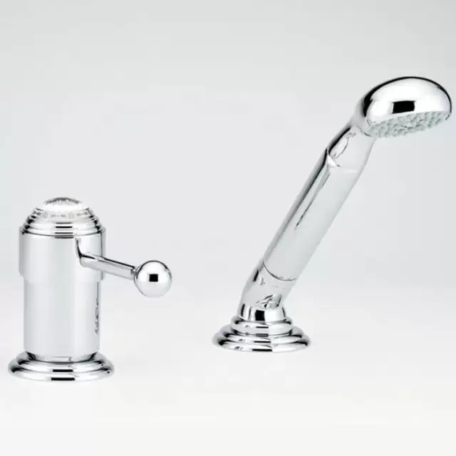 THG Marquise platinum decor Смеситель на борт ванны на 2 отв, однорычажный, без излива, с ручным душем, ручки белые, декор платина, цвет: хром