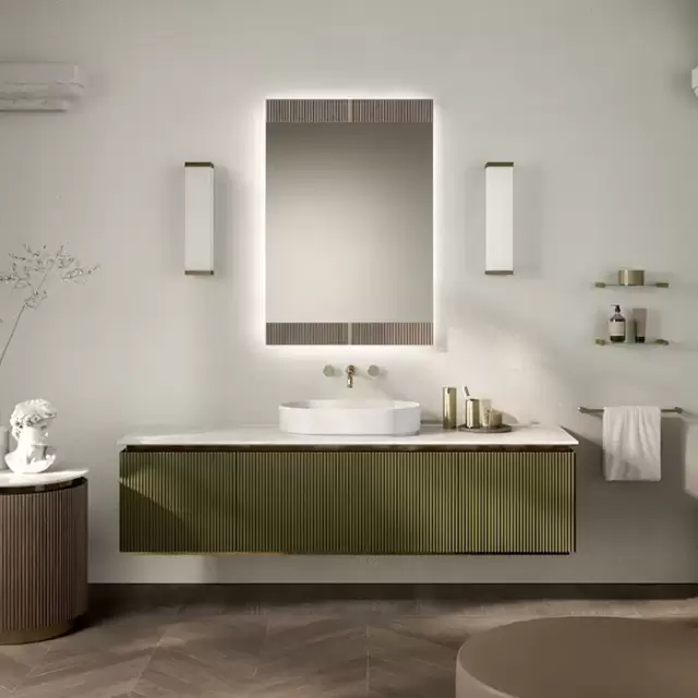 Oasis Naos Композиция №15 Комплект мебели 185х56xh45см, подвесной, мраморный топ calacatta oro, цвет: лак матовый/золото матовое