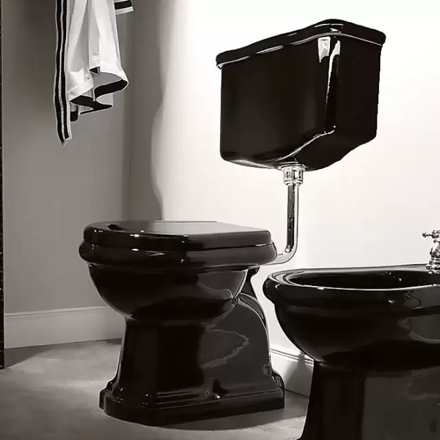 Kerasan Retro Унитаз 72х38.5см., приставной, с низким бачком, слив в стену, цвет: черный глянцевый/хром