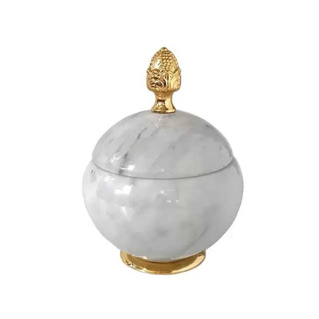 3SC Elegance Баночка универсальная, D=15/h18 см, с крышкой, настольная, цвет: мрамор bianco carrara/золото 24к. Lucido