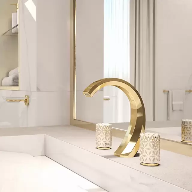 THG Nihal Porcelaine Ivoire Смеситель для раковины на 3 отверстия, с донным клапаном, цвет: Soft gold