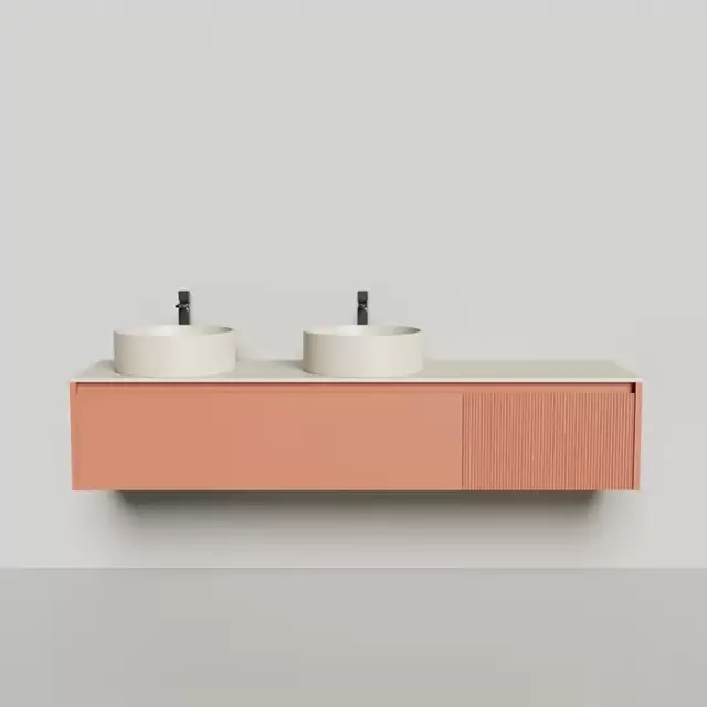 Salini Domino Тумба со столешницей и двумя раковинами,  200х50х40см., из S-Stone в сборе; крепеж; металл/ сифон; фасад Ral3012, столешница: Ral9001