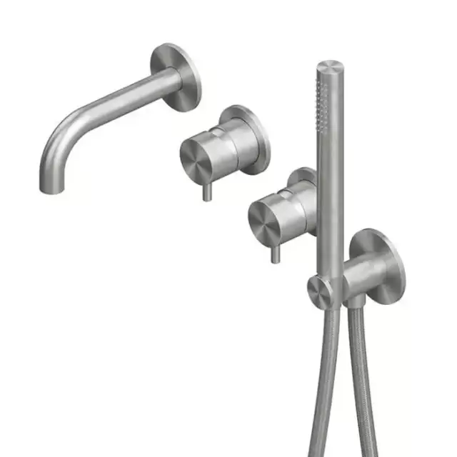 QuadroDesign Source Смеситель для ванны, встраиваемый,  на 2 потребителя с изливом и ручным душем, цвет: brushed stainless steel