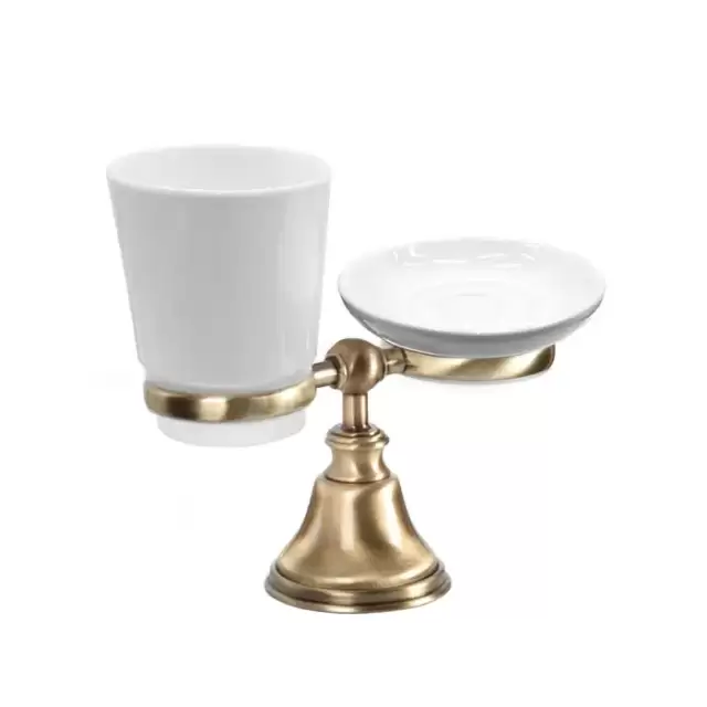 TW Harmony 141, настольный держатель с мыльницей и стаканом, керамика (бел), цвет: бронза