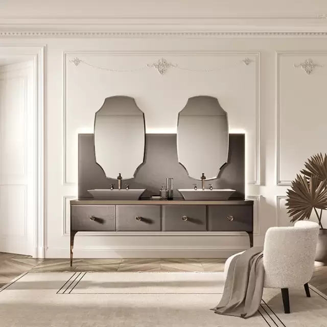 VITAGE milldue edition MAJESTIC 09 Комплект мебели 216х55х73см напольный, 2 раковины, 2 зеркала, с подсветкой, отделка: стекло elephant bronze, фурнитура: бронза