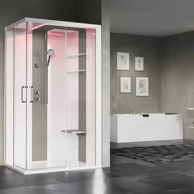 Novellini Skill A Душевая кабина 120х90х217.5cмм., Dx, Essential, поддон 12.5см., с термостатическим смесителем, стекло, цвет: белый глянц/Light grey