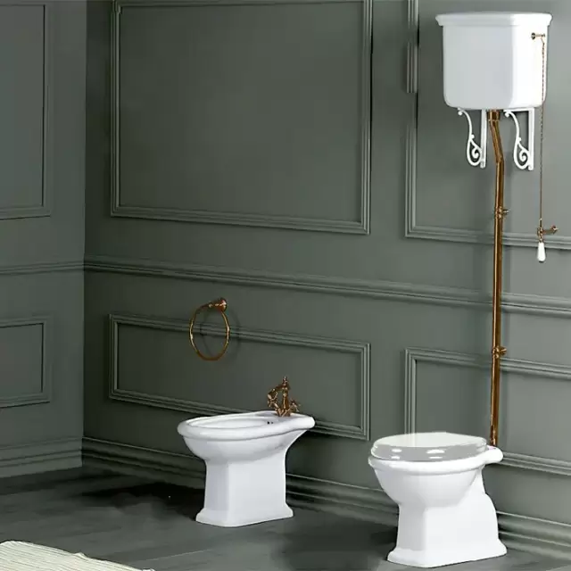 SIMAS Lante Унитаз напольный, выпуск в стену, 38,5х58см, с высоким бачком, с фурнитурой, цвет: белый/бронза