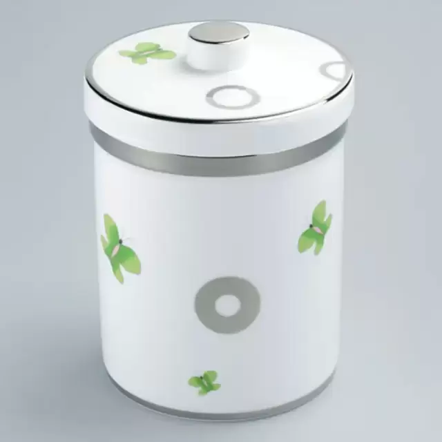 THG CAPUCINE VERT DECOR PLATINE Банка керамическая с крышкой, настольная, декор платина/зеленый, цвет: белый