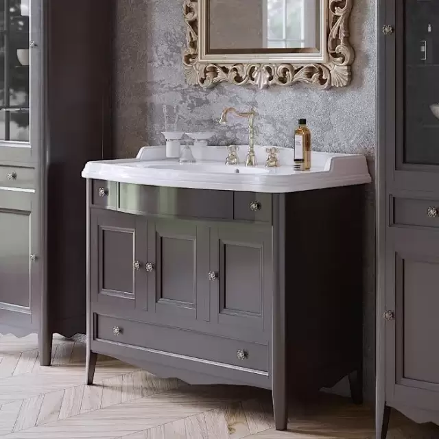 TW Veronica, База с раковиной Simas AR874bi*1 105x56см, 2 верх.ящ. 3 расп. дв. и 1 выдв. ящик, доводч. Blum, ручки: Riflesso бронза, напольный, цвет: GRIGIO