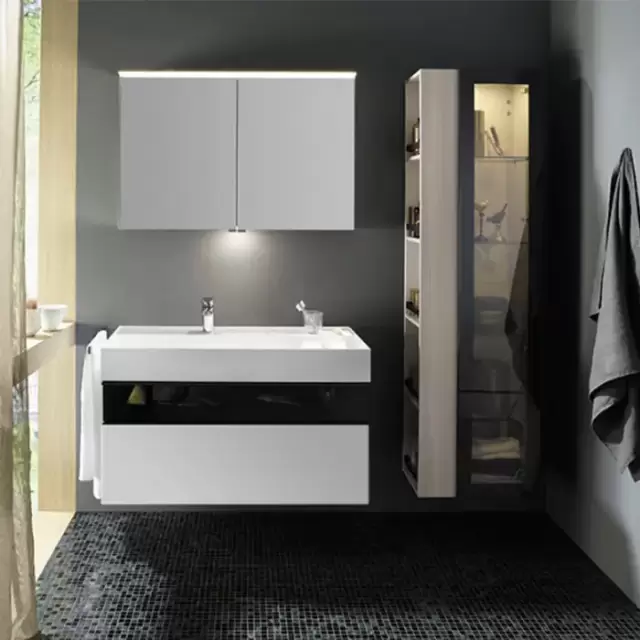 Burgbad Yumo База 101.5х64х47см.с умыв из мин литья с 1 отв под смес,2 выдв ящика с ручкой  Мокка G0179.верхн ящик из дымч стекла, подвесная, цвет: белый глянц.